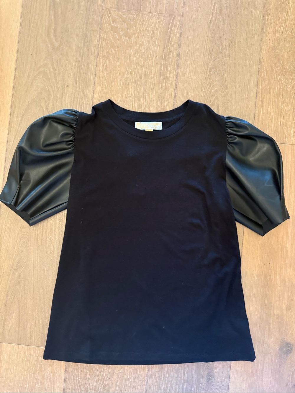Michael Kors Black Puff Sleeve Tee with Faux Leather Sleeves